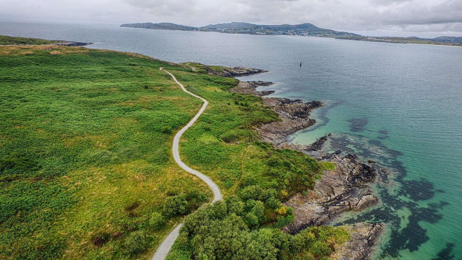 A paved path winding along a green headland, the bay and low hills beyond under grey cloud.