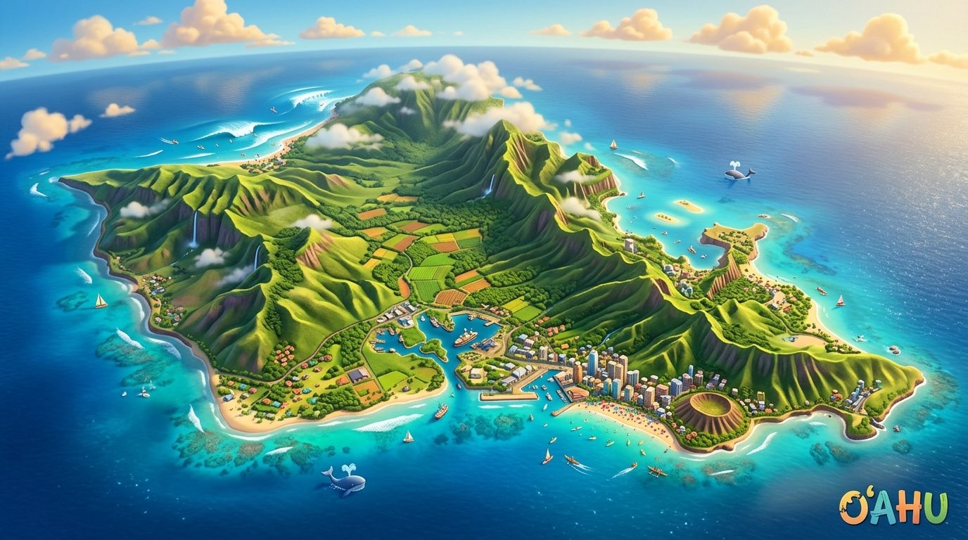An illustrated Oahu: green ridges, reefs, Diamond Head and the city along the south shore.