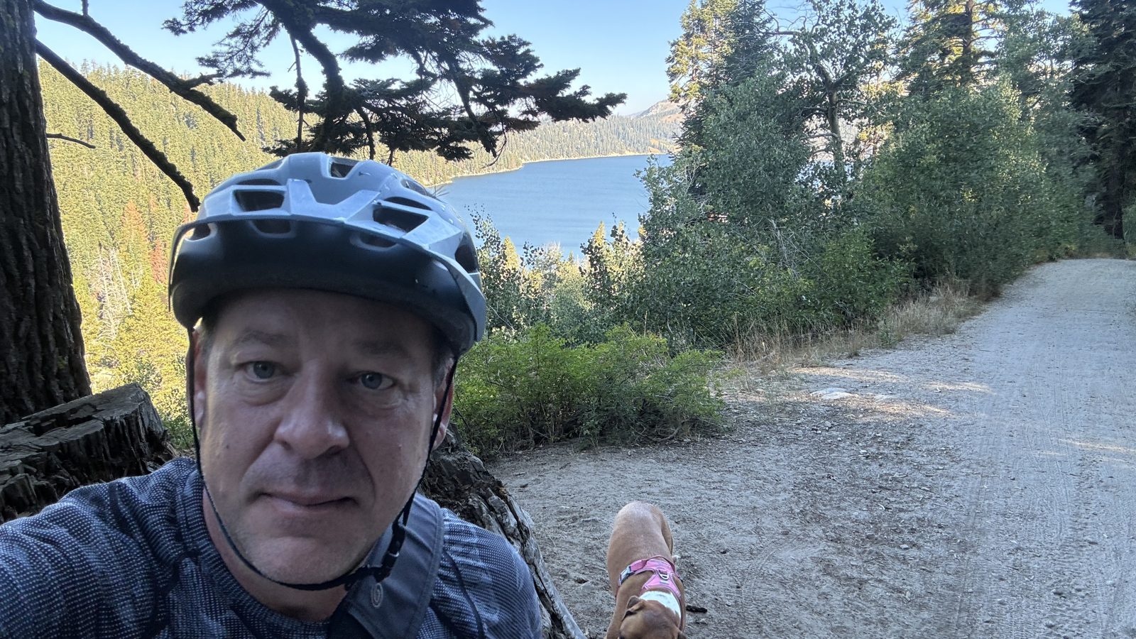 Christian and Marley at the overlook on the way back, 9:18 AM, with Marlette Lake below.