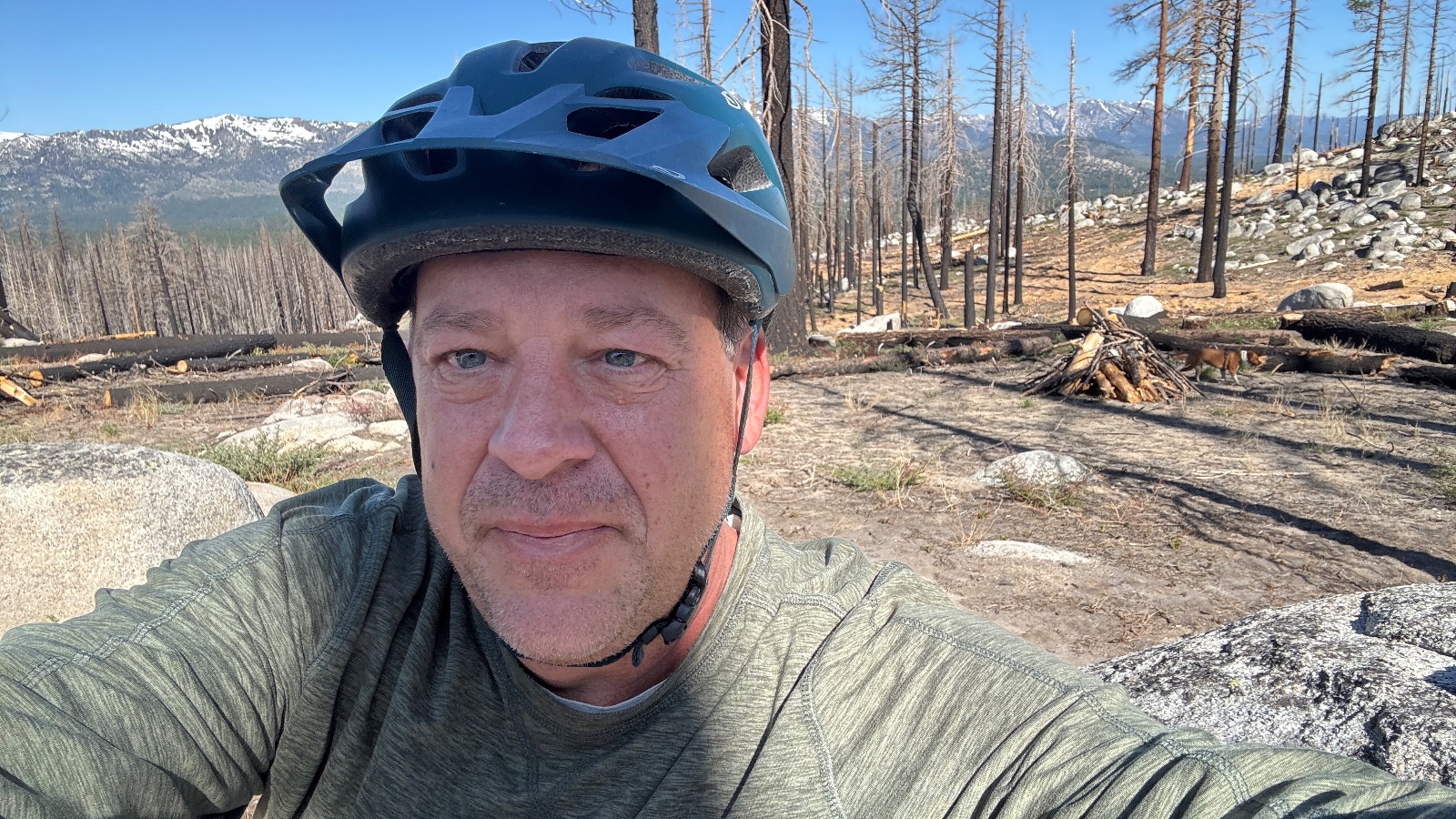 9:11. Into the burn, with snow still on the far peaks.