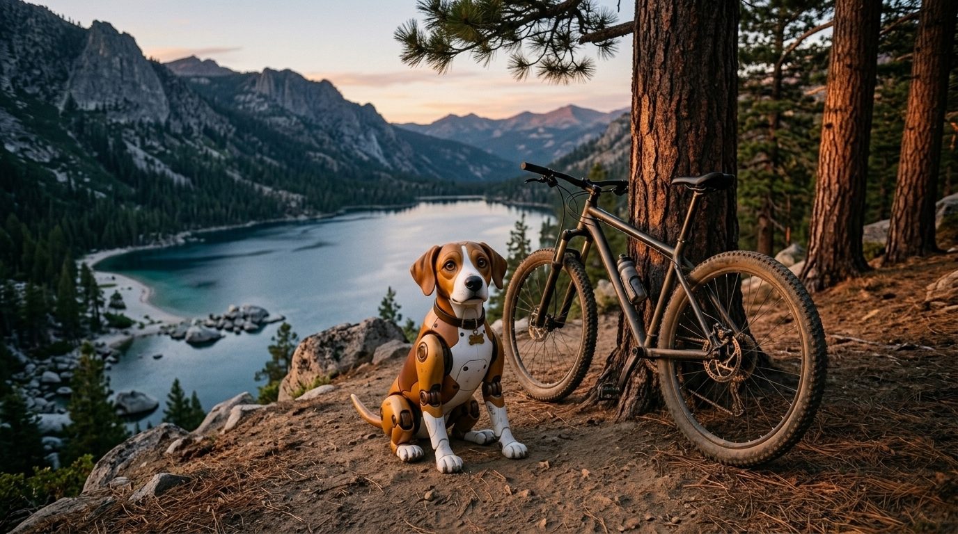 Made with AI, for fun: Starlee sitting on a trail above the lake at dusk, a mountain bike leaning on a pine beside her.
