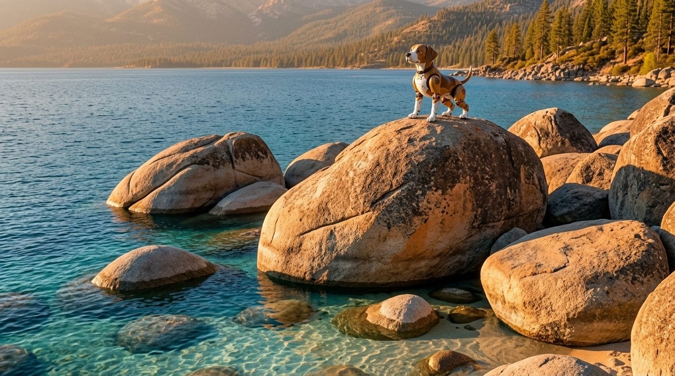 Made with AI, for fun: Starlee standing on top of a big granite boulder above clear water in warm evening light.