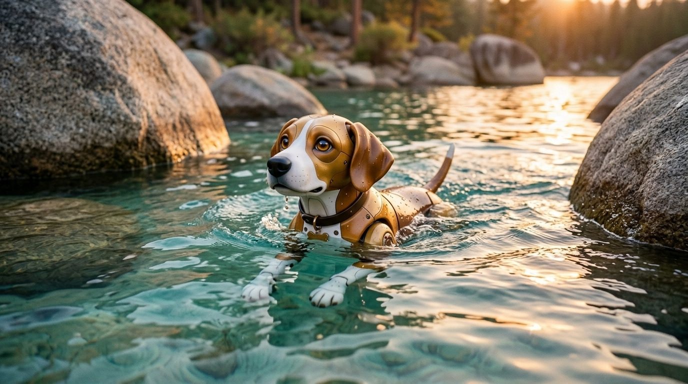 Made with AI, for fun: Starlee swimming between the boulders at sunset.