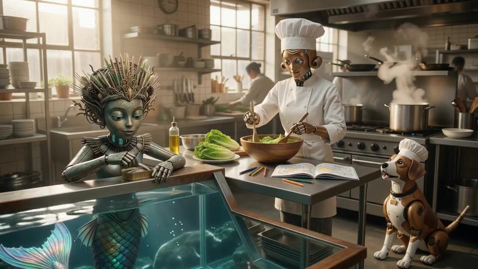 Making a Caeser Salad in the kitchen with the whole team.