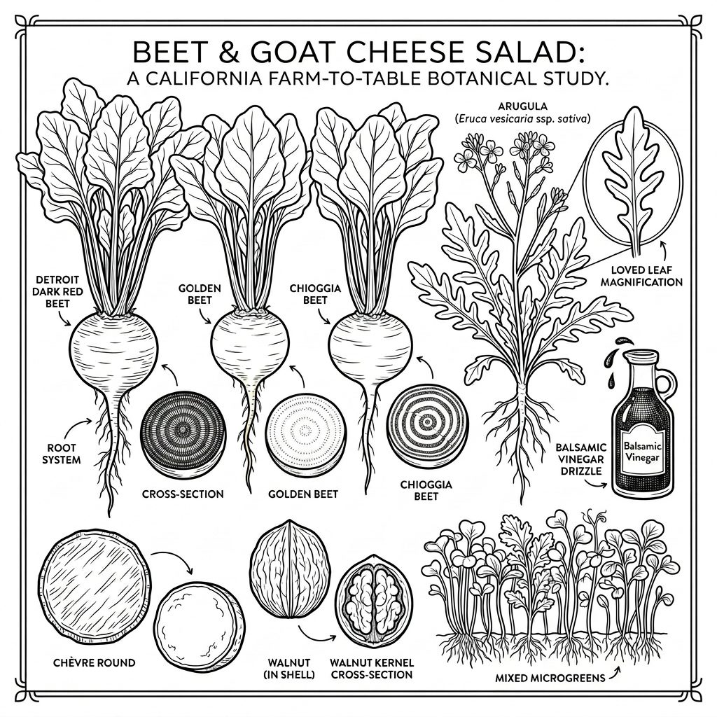 The beet and goat cheese salad as a botanical study: three beets, arugula, chèvre, walnut, balsamic and microgreens.