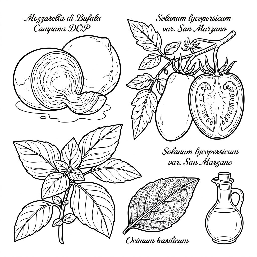 Caprese ingredients: buffalo mozzarella, San Marzano tomatoes, basil and olive oil.