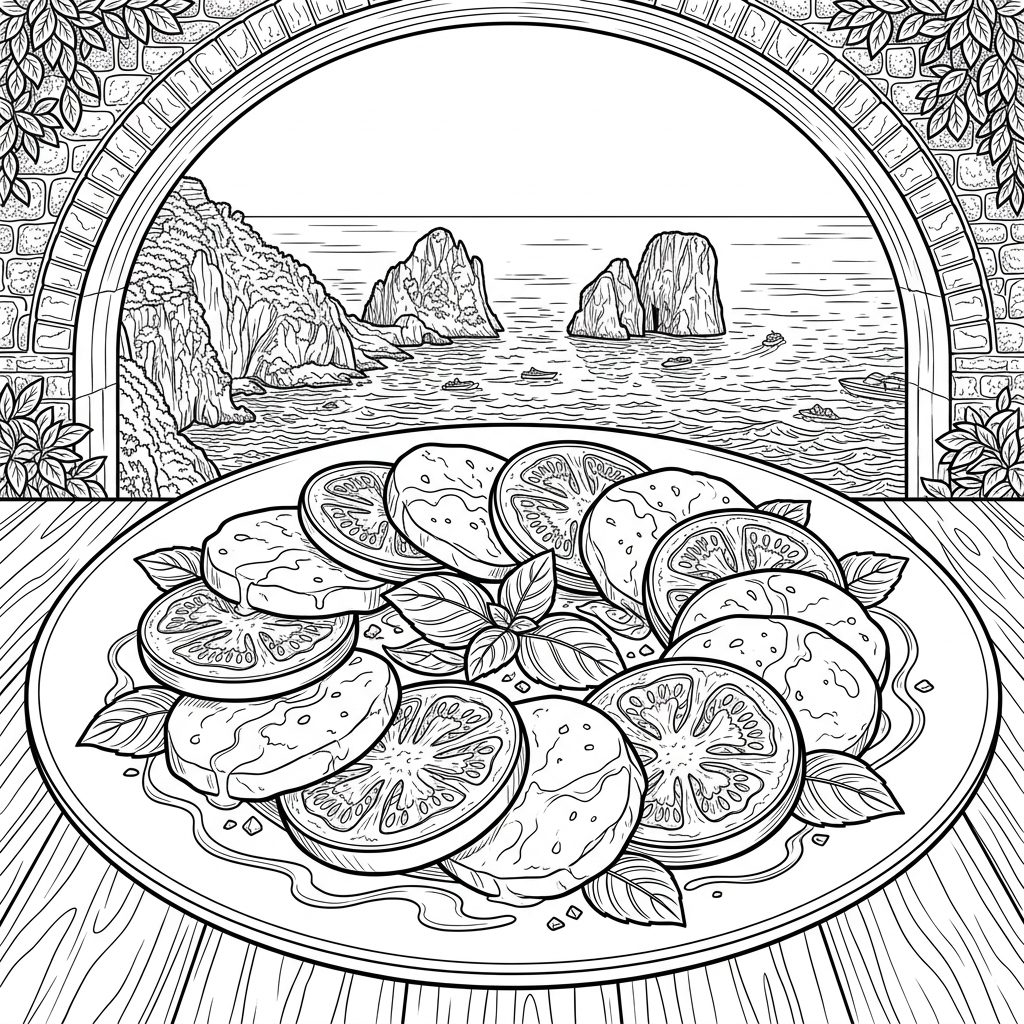 A caprese plate in a stone archway above the sea.