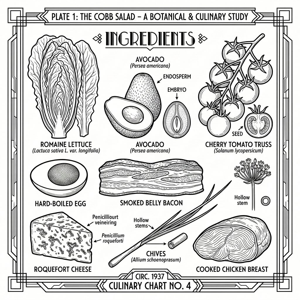 The Cobb salad's ingredients, charted like an old textbook plate.
