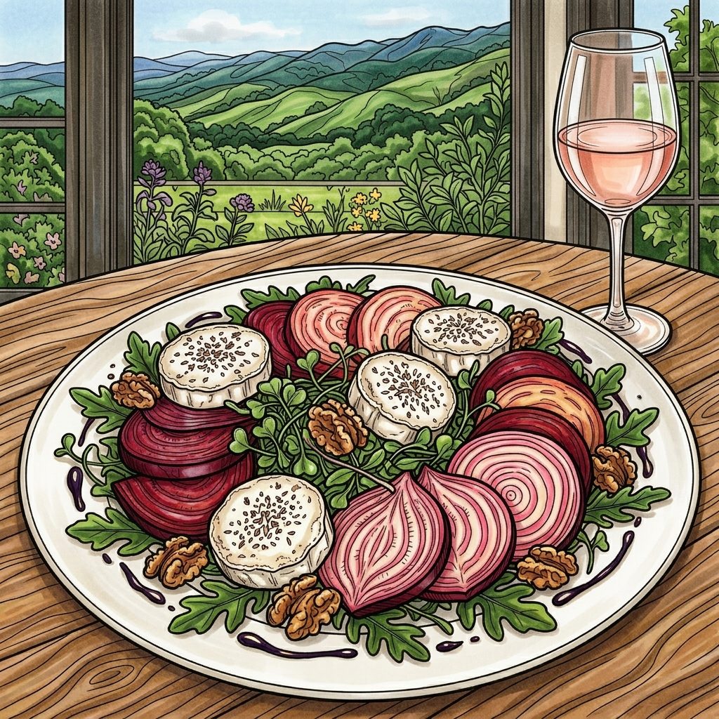 Color in version of a beet and goat cheese salad with walnuts and greens, a glass of wine, and hills outside the window.
