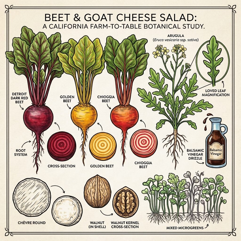 Color in version of a the beet and goat cheese salad as a botanical study: three beets, arugula, chèvre, walnut, balsamic and microgreens.