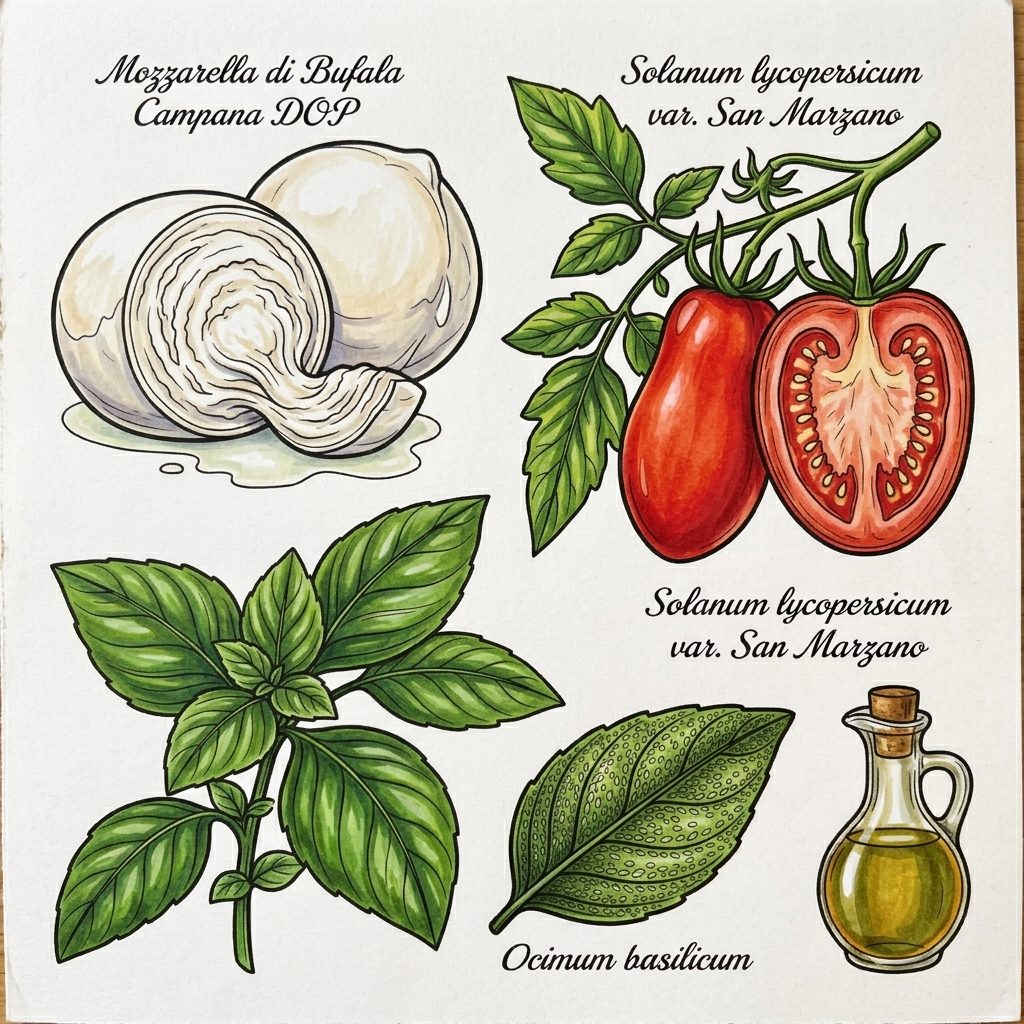 Caprese ingredients: buffalo mozzarella, San Marzano tomatoes, basil and olive oil.
