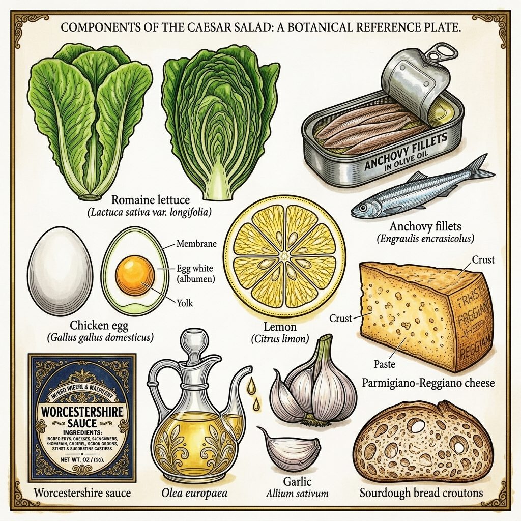 The Caesar salad as a reference plate: romaine, egg, anchovies, lemon, garlic, Parmigiano and croutons.