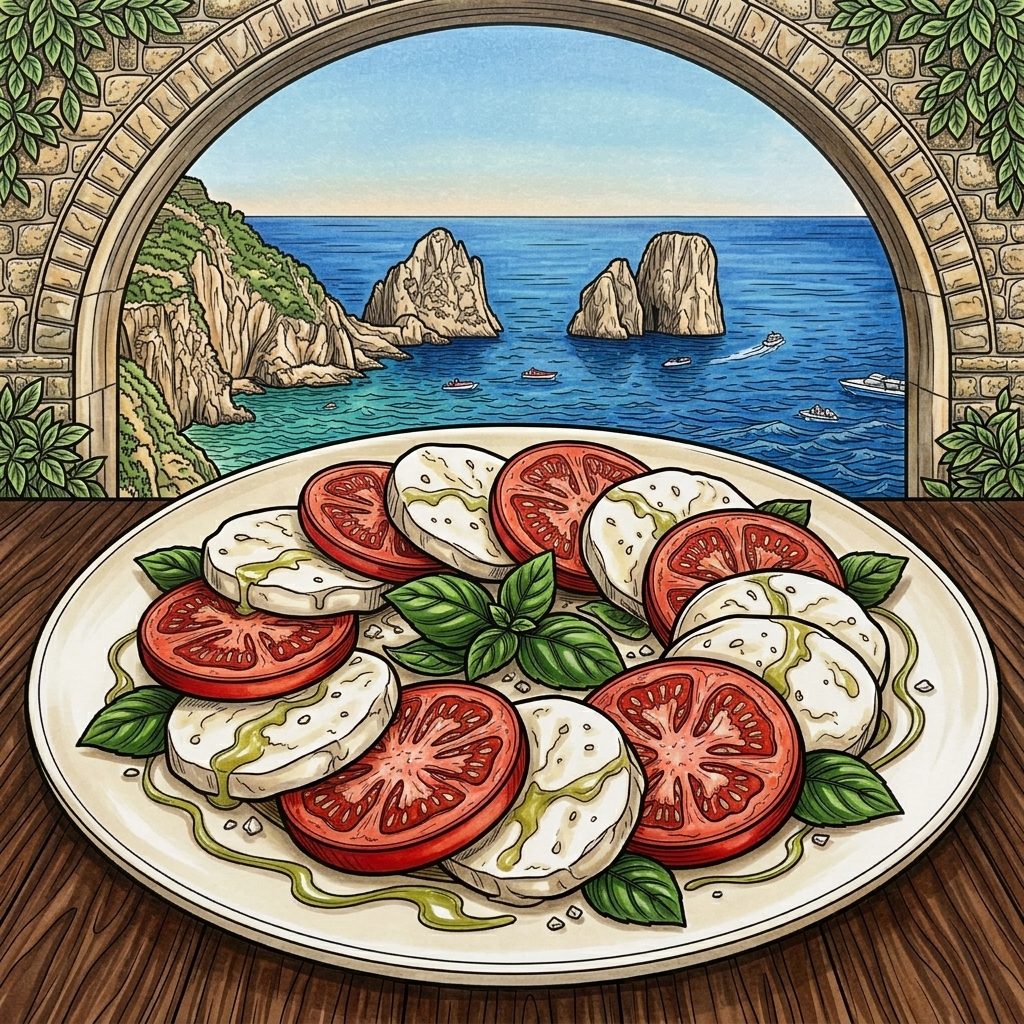 A caprese plate in a stone archway above the sea.