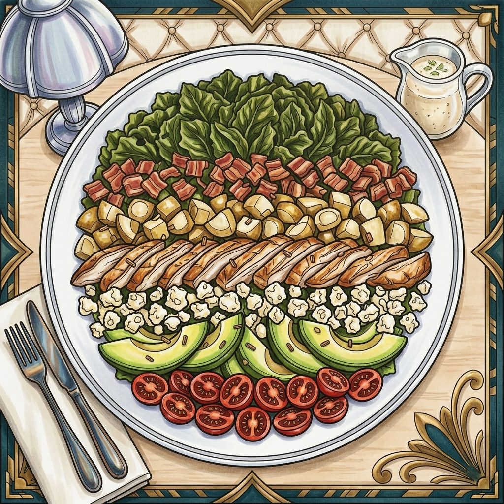 A Cobb salad built in rows: greens, bacon, egg, chicken, blue cheese, avocado and cherry tomatoes.