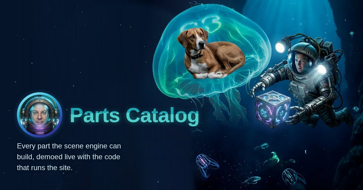 The Parts Catalog under the sea: Marley asleep in a jellyfish, the diver with a glowing cube of parts.