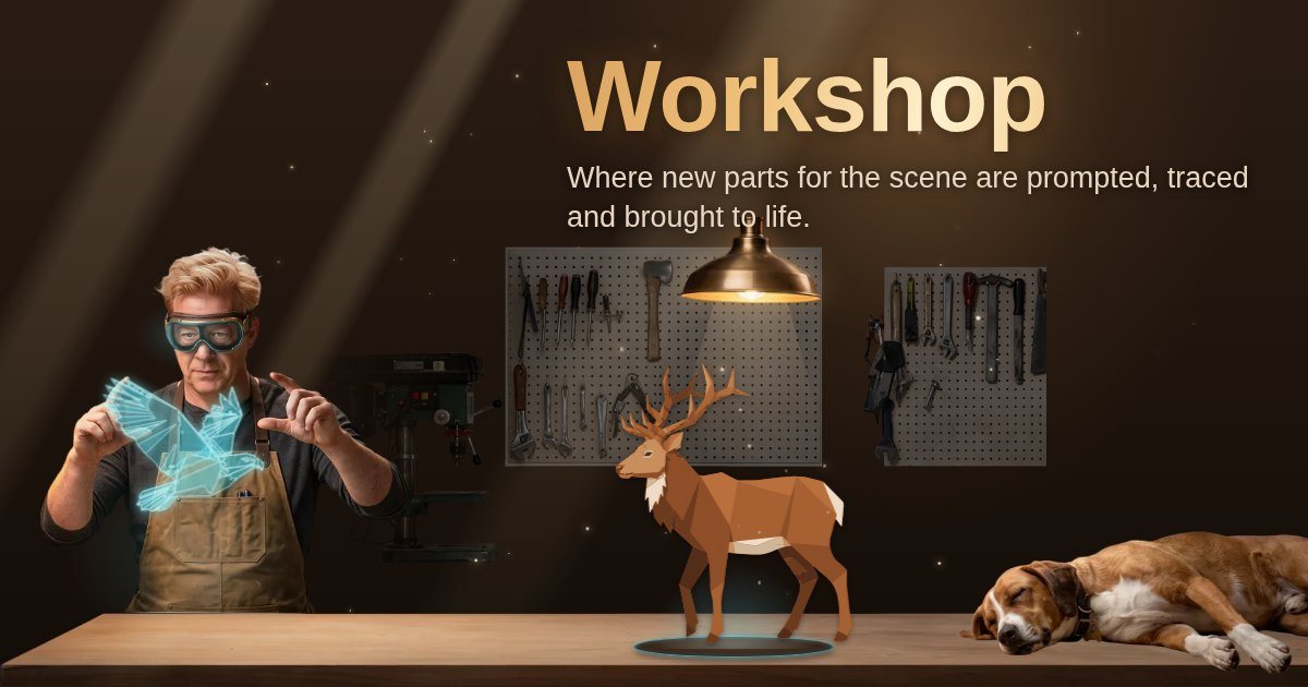The Workshop at night: shaping a hologram, an elk bull on its glowing disc, Marley asleep on the bench.