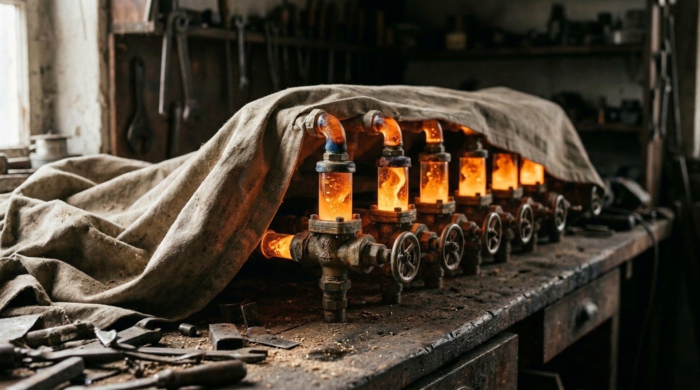 The valves that were cut: bypass valves with lit glass windows, fun to build and wrong to keep, back under the dust sheet.