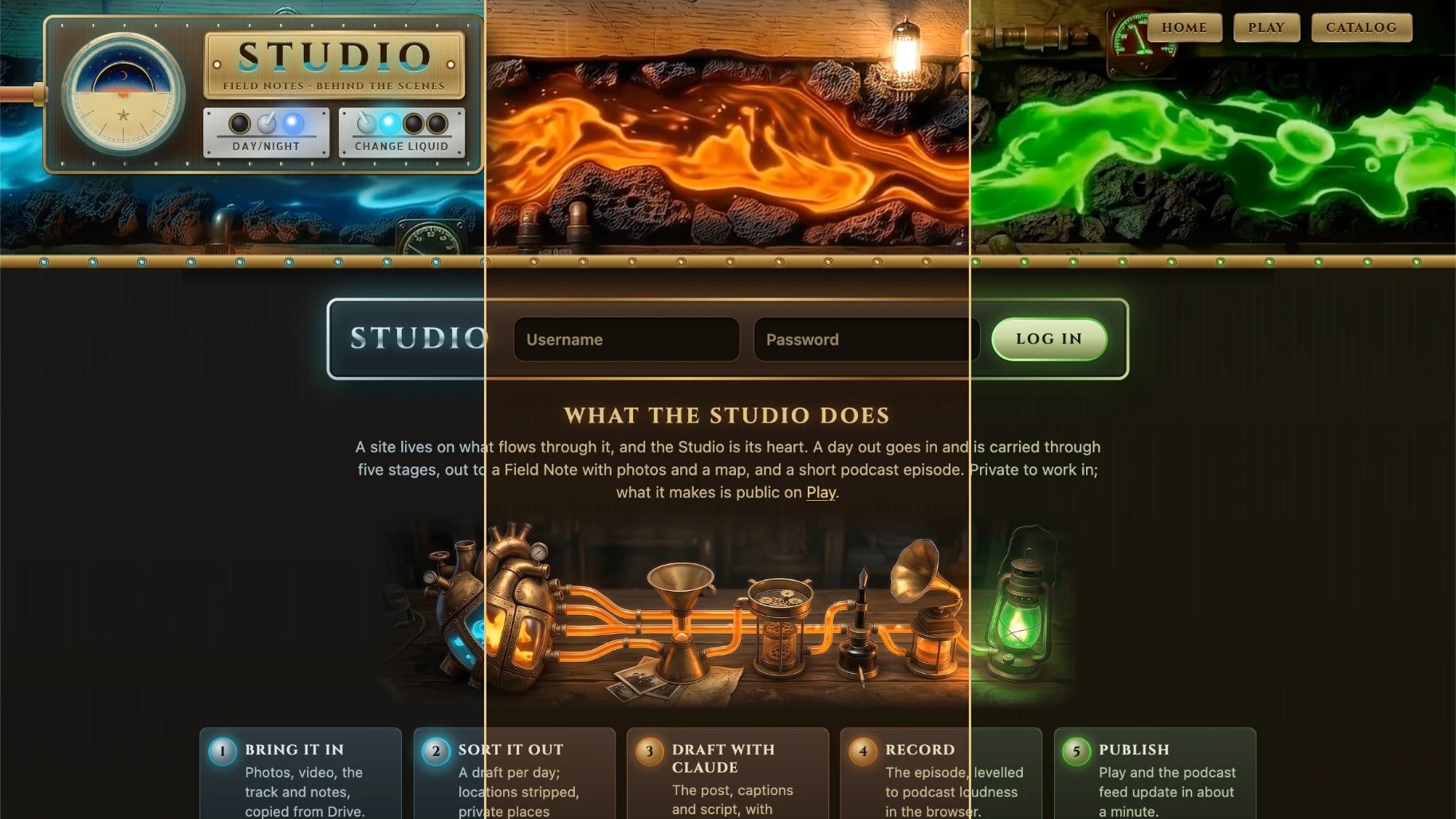 One page, three liquids: steel on slate for blue, gold on walnut for orange, verdigris on bronze for green.