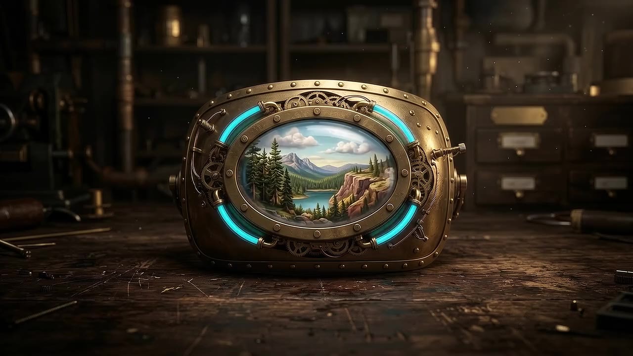 The face: a brass porthole with the lake inside, turning through the seasons. The main site is what everyone sees.