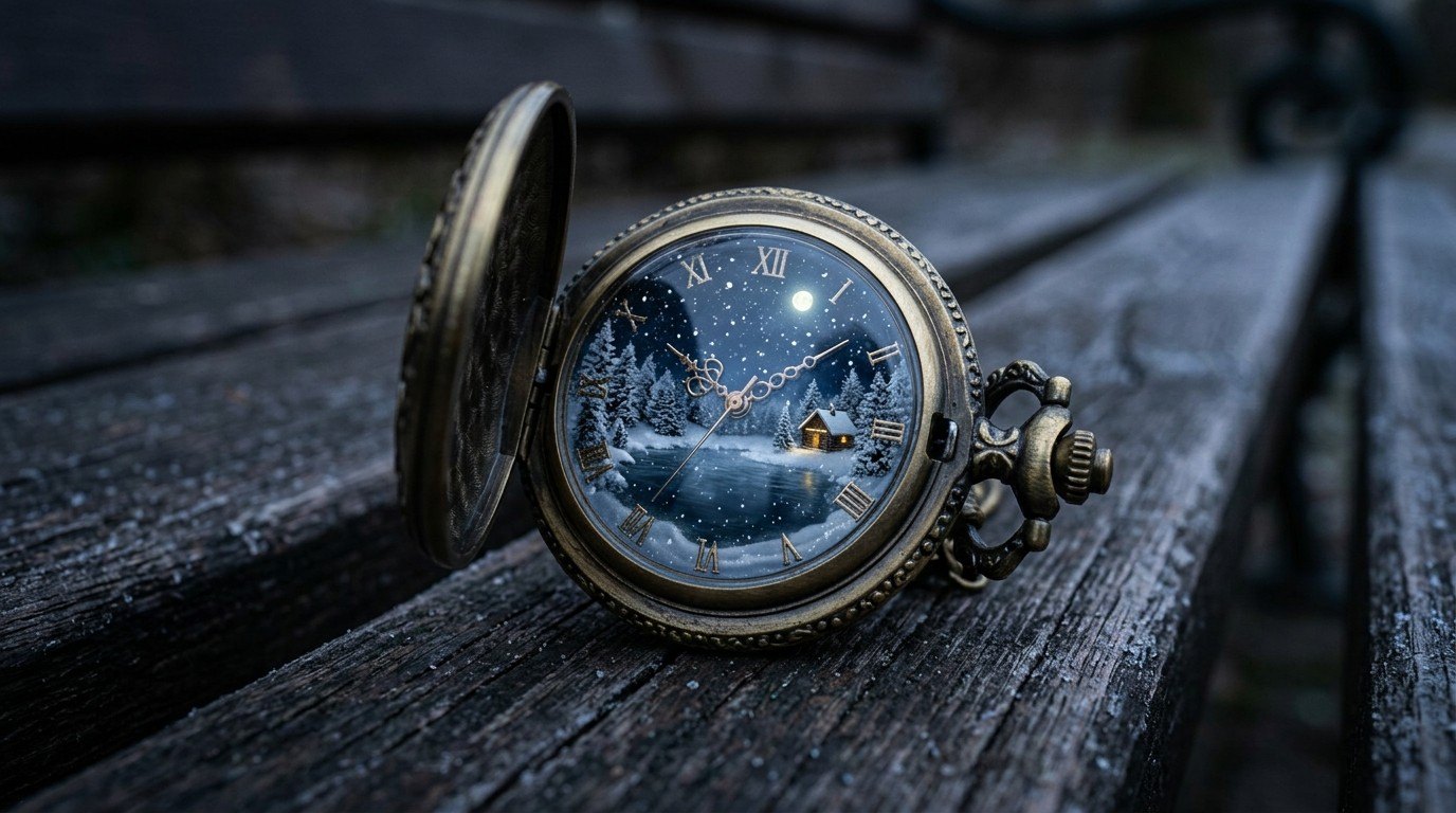 A winter night in a pocket watch: the lake, the moon and the falling snow, kept smooth at 56 frames a second.