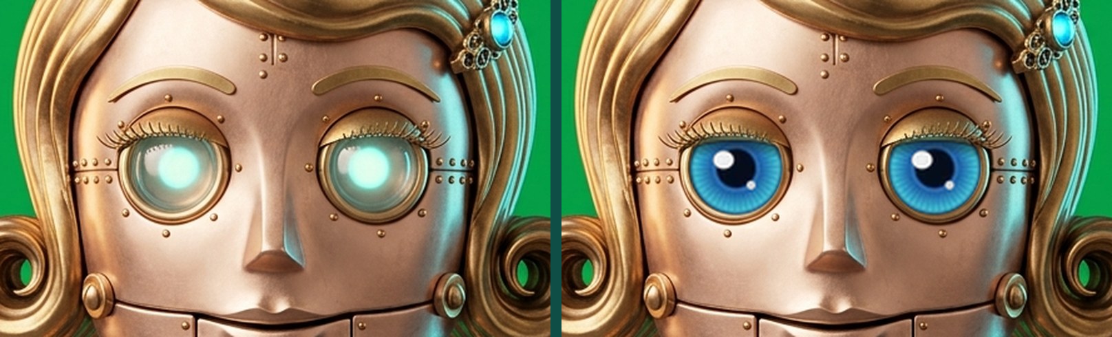 Her eyes, before and after: the glowing lenses became Lake Tahoe blue, with small pupils and two catchlights, under her own brass lids and lashes.