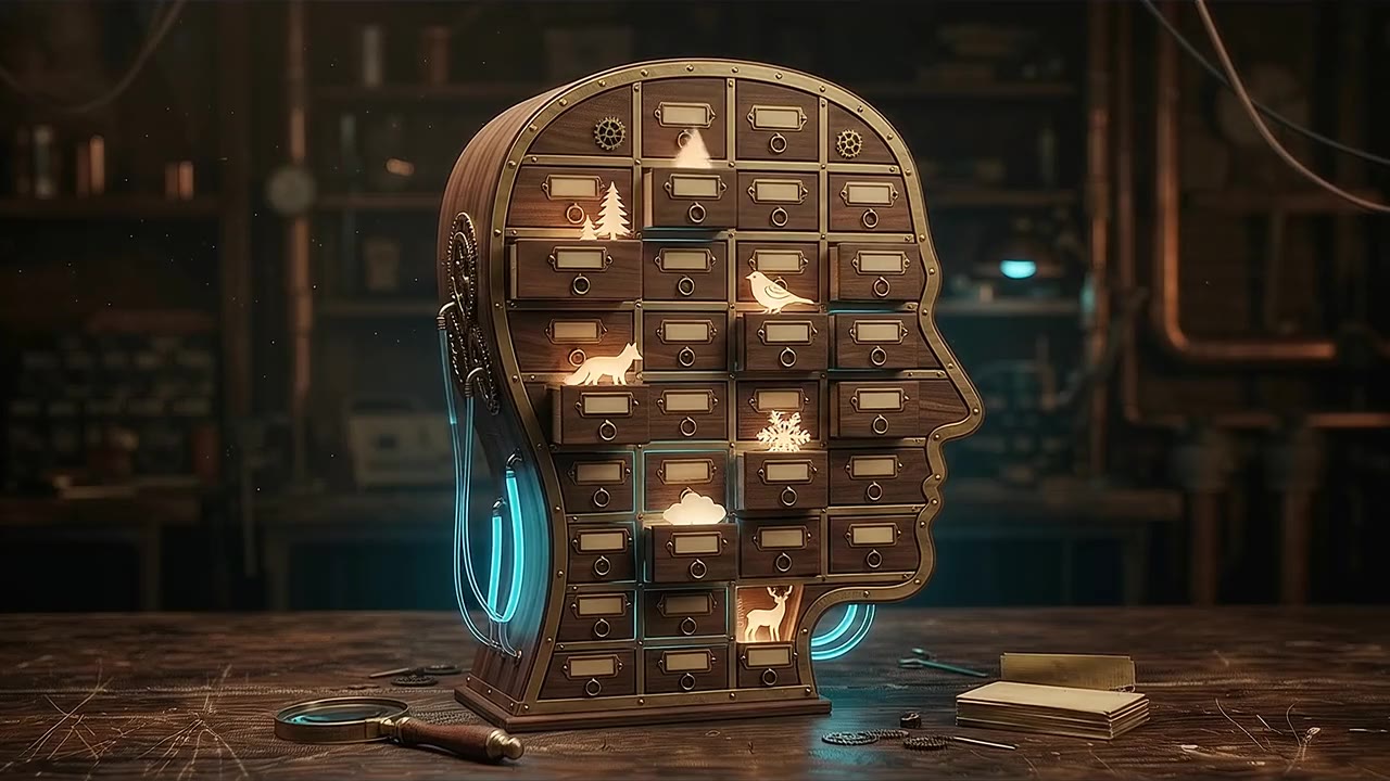 The memory: a head of tiny drawers on the workbench, each one opening to show a paper figure stirring inside. The Catalog is where the site keeps every part it knows how to build.