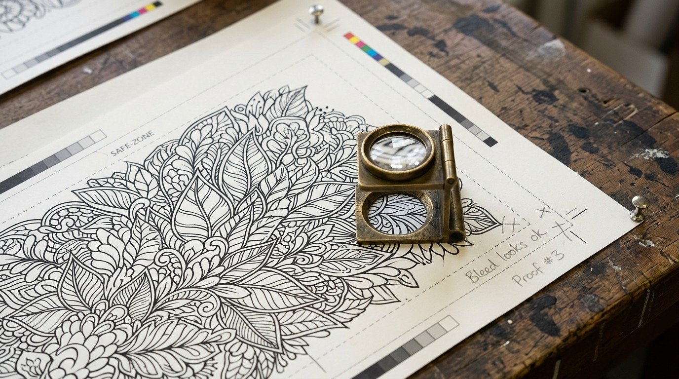 A printer’s proof of a colouring page: the dashed safe zone, the art running past the trim into the bleed, and a loupe to check it. Every rule in ProPre is a mistake made once.