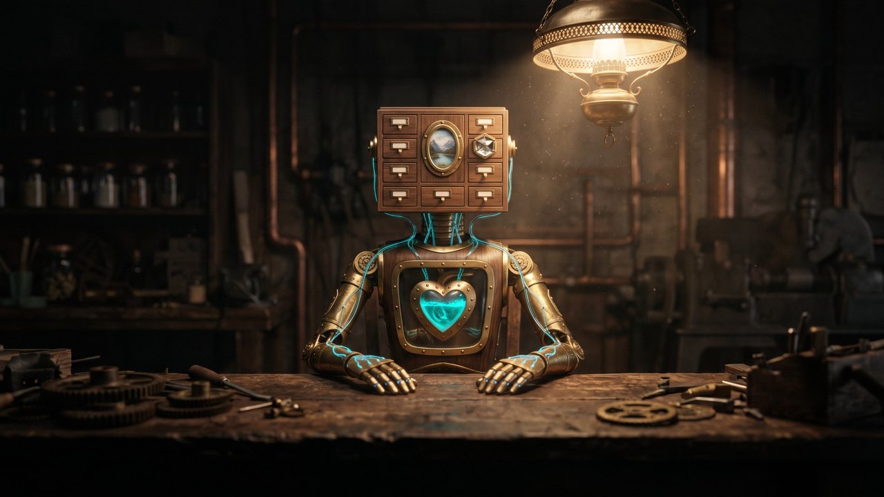 The whole automaton on the bench: the heart lights, a pulse runs through the glass veins, the hands shape a bird out of light, and it flies into the lake.