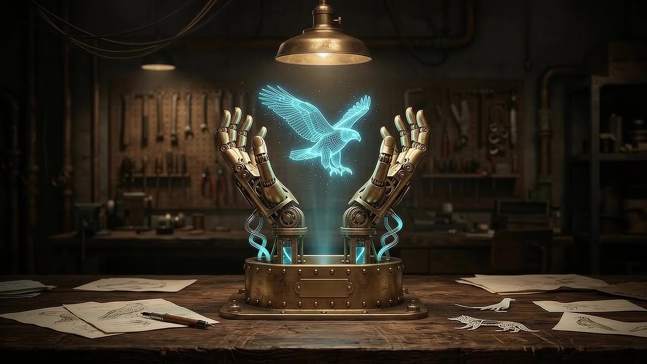 The hands: brass hands shaping a glowing eagle out of light, the way the Workshop turns a picture into a new part for the lake.