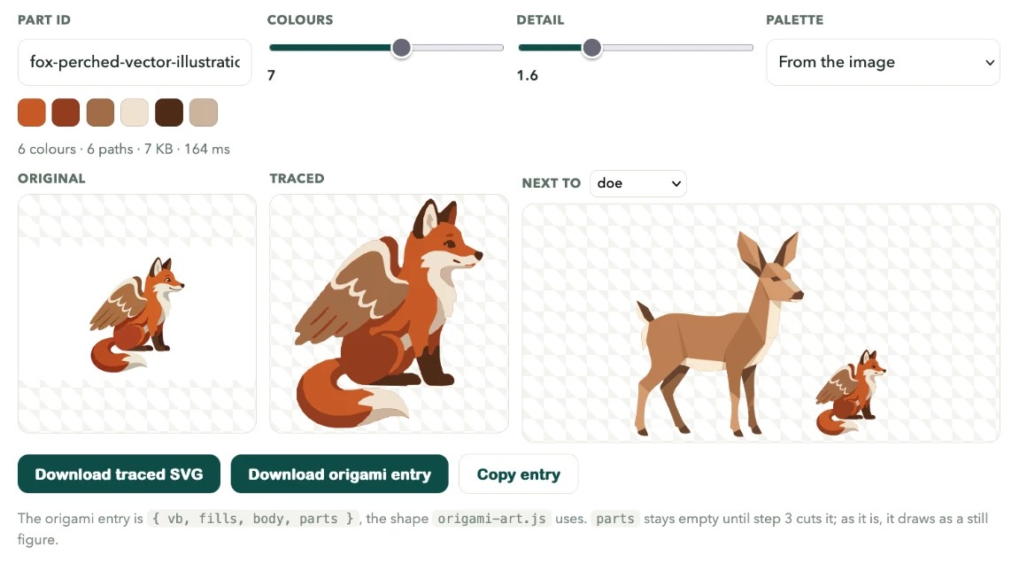 Step 2, import and trace: a winged fox traced to 6 colours and 6 paths, 7 KB, in 164 ms, then set beside the doe to see if it belongs.