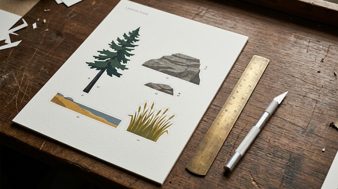 The kit sheet: a lakeside scene asked for as separate pieces on one page (a pine, two rocks, a strip of shore, the reeds), each traced on its own.