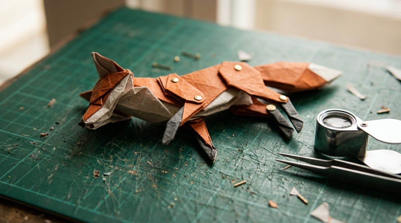 Step 3, cut and rig, next: a paper fox split at the joints and pinned with brass pivots, so it can move like the rest of the cast.