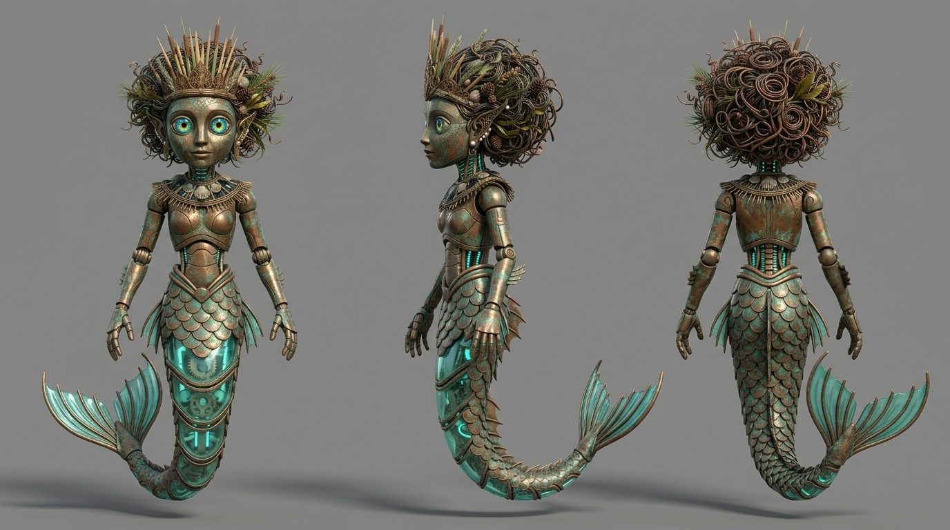 A clean turnaround; from behind, her hair is coiled copper wire.