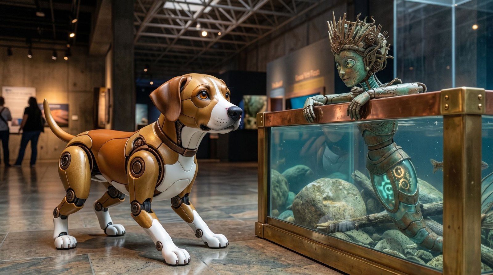 Starlee meets A.L.T.A. at the glass of her tank: a pause, a lower stance, a tilt of the head.