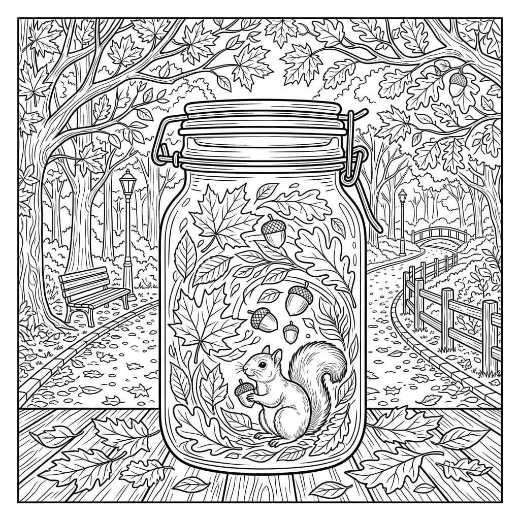 Fall and Squirrel Jar Scene - black and white.
