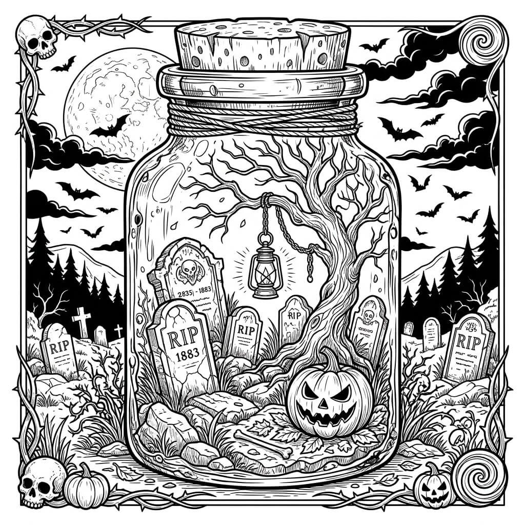 Gnarled Graveyard jar scene - black and white.