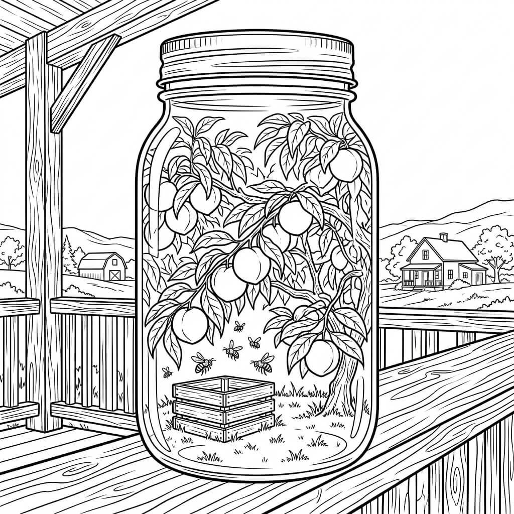 Peach Harvest jar scene - black and white.