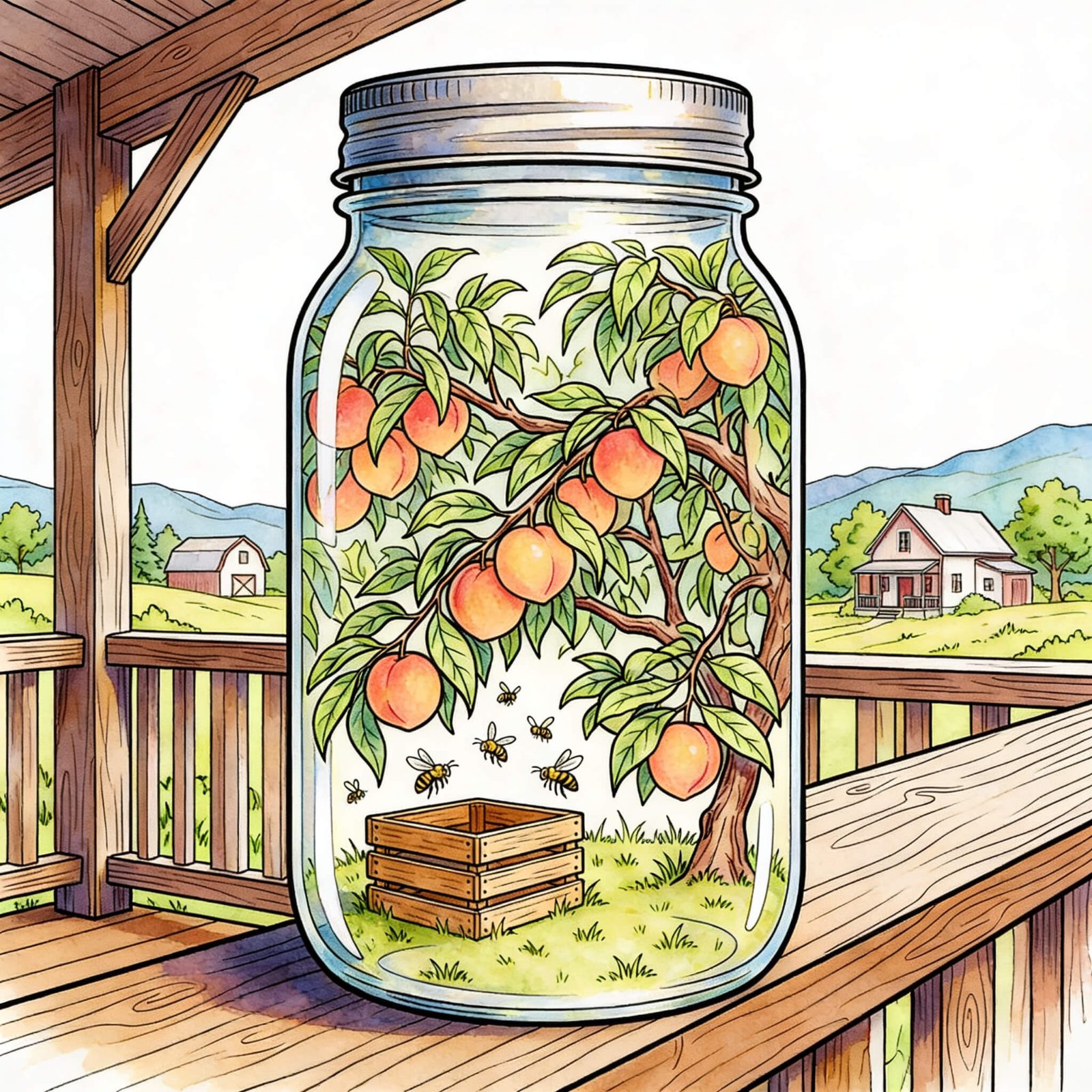 Peach orchard jar scene - color.