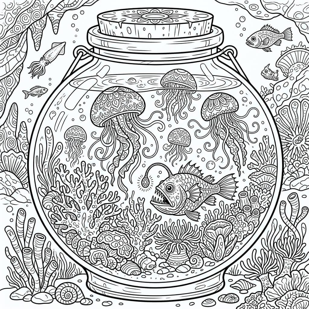 Deep Sea jar scene - black and white.