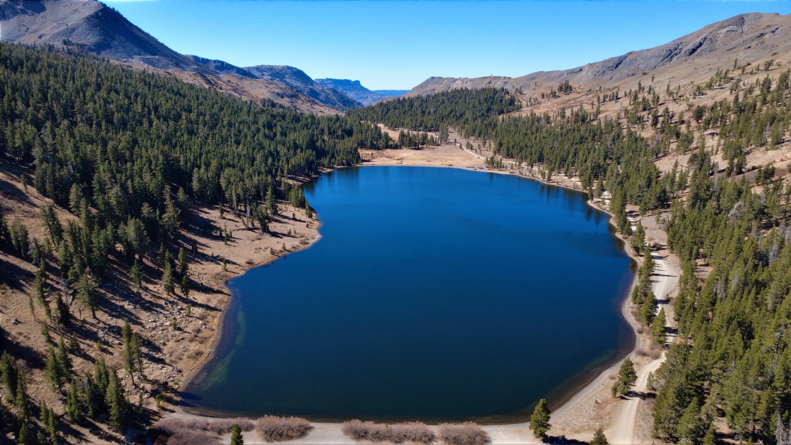 A deep blue lake ringed by pines, a dirt road along its right shore.