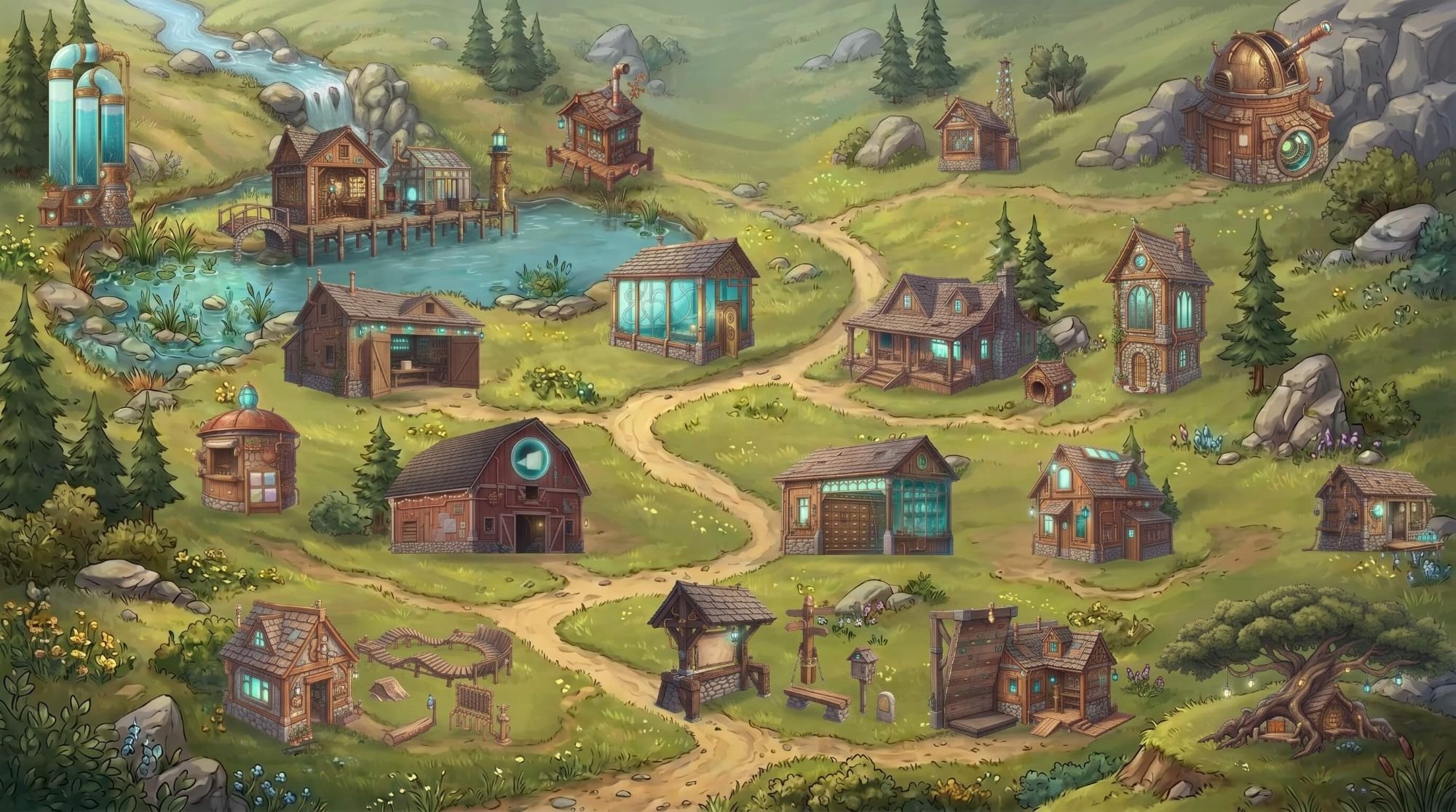 My one-scene painting of the whole homestead, made from the layout guide.