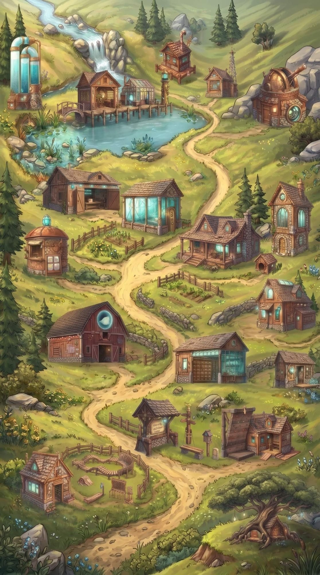 The tall painting for phones: the same village, rearranged down a narrower hill.