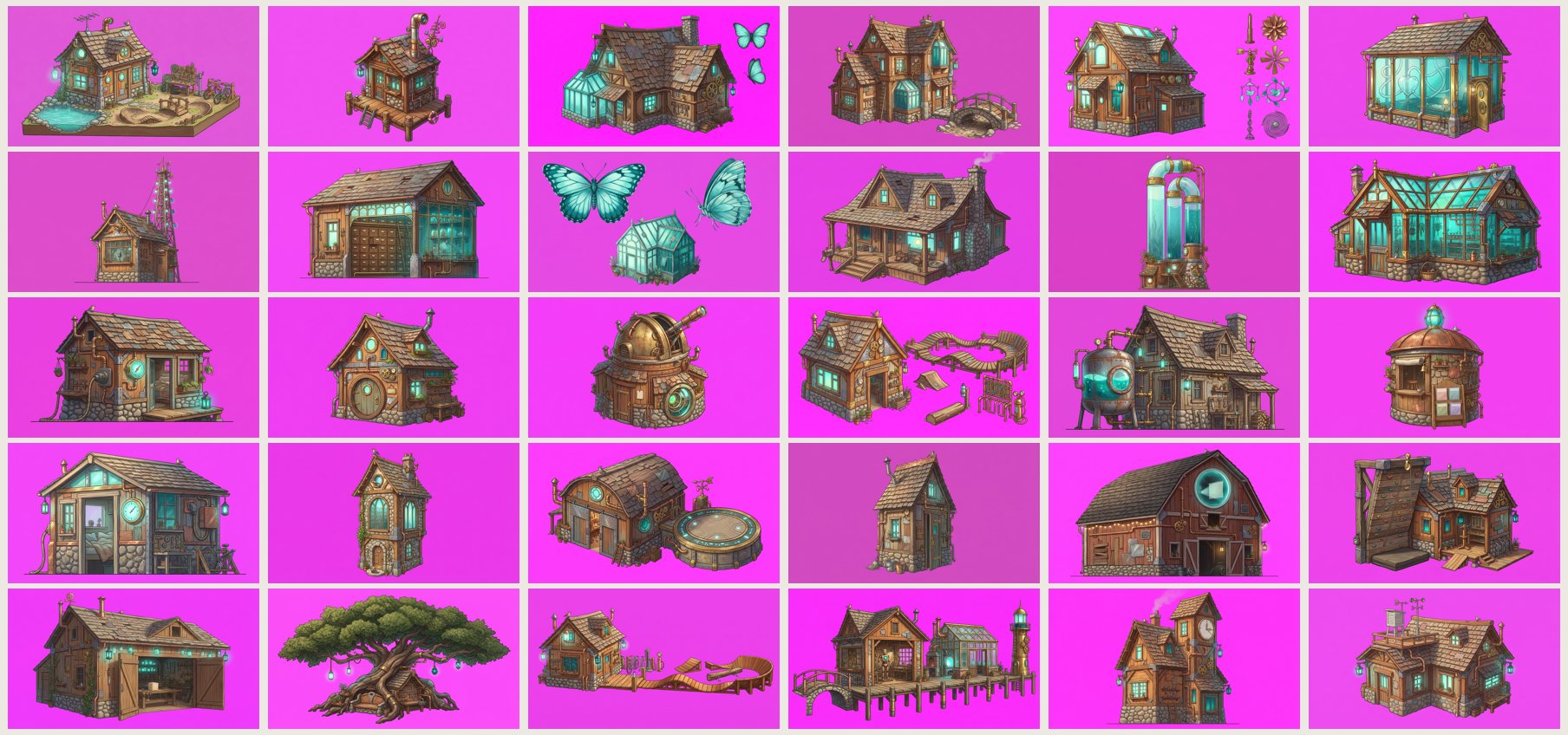 All thirty places by day, straight from the renders.