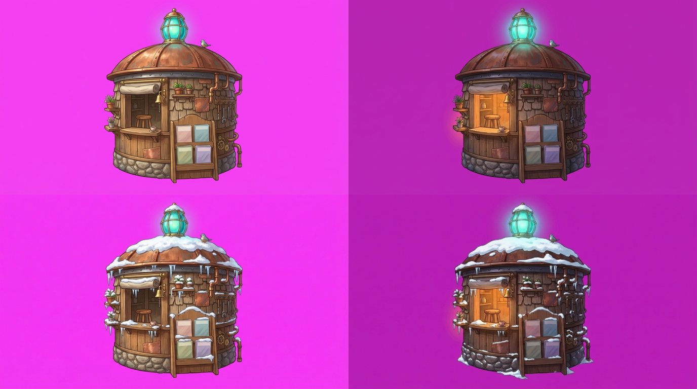 The Newsstand, four ways: by day, at night, and both again in snow. Every place on the hill came like this, all four lined up so the site can fade from one to the next.