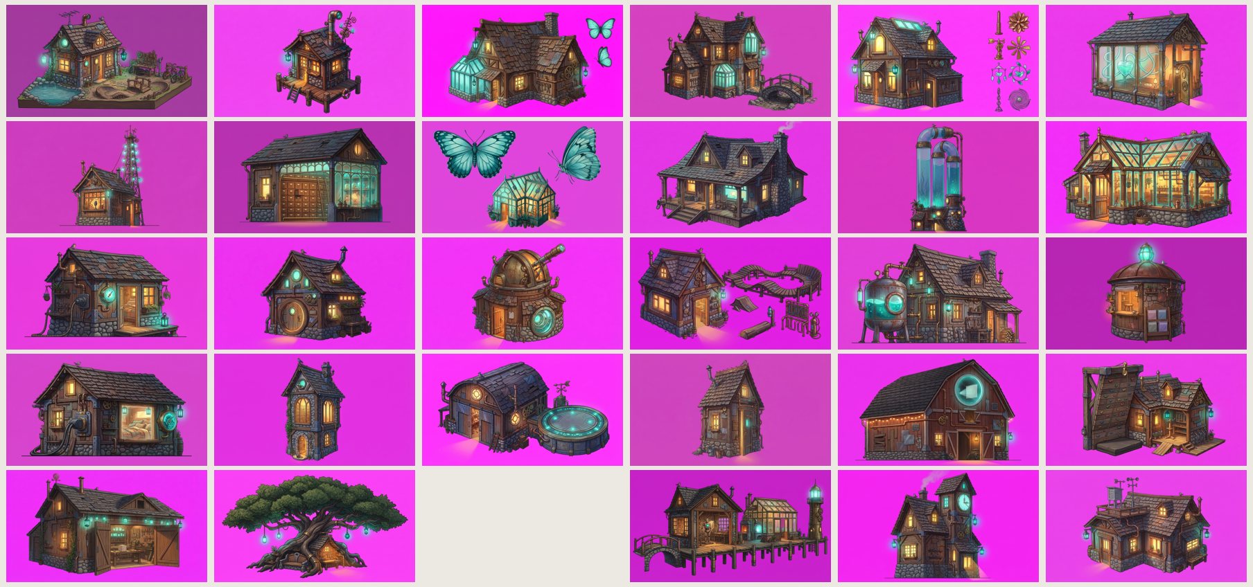 The same places at night: windows lit, lamps glowing turquoise.