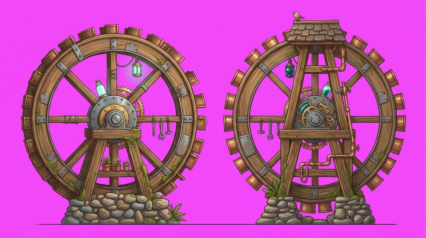 Two water wheels, one open with a lantern and one under a little roof.