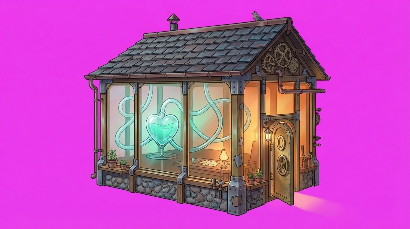 The Studio on the hill: glass walls and the heart inside, with a door only a login opens.