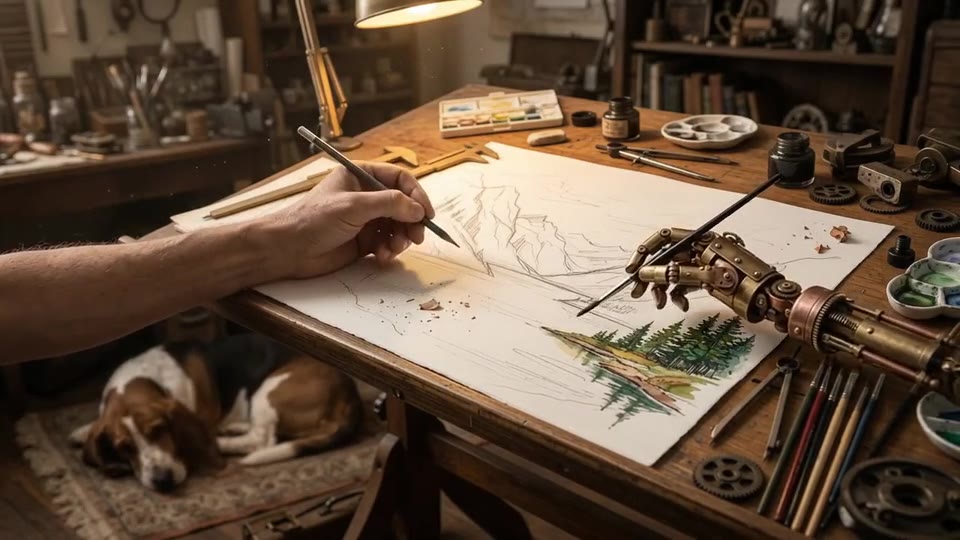 A human hand holding a pencil and a small brass robot hand holding a fine brush work on the same large sheet together.