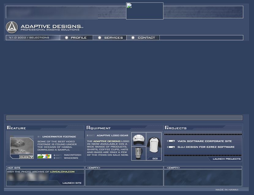 Adaptive Designs' home page in 2002: a dark blue panel layout with Profile, Services and Contact, and boxes for a feature, logo gear, projects and a hot site.