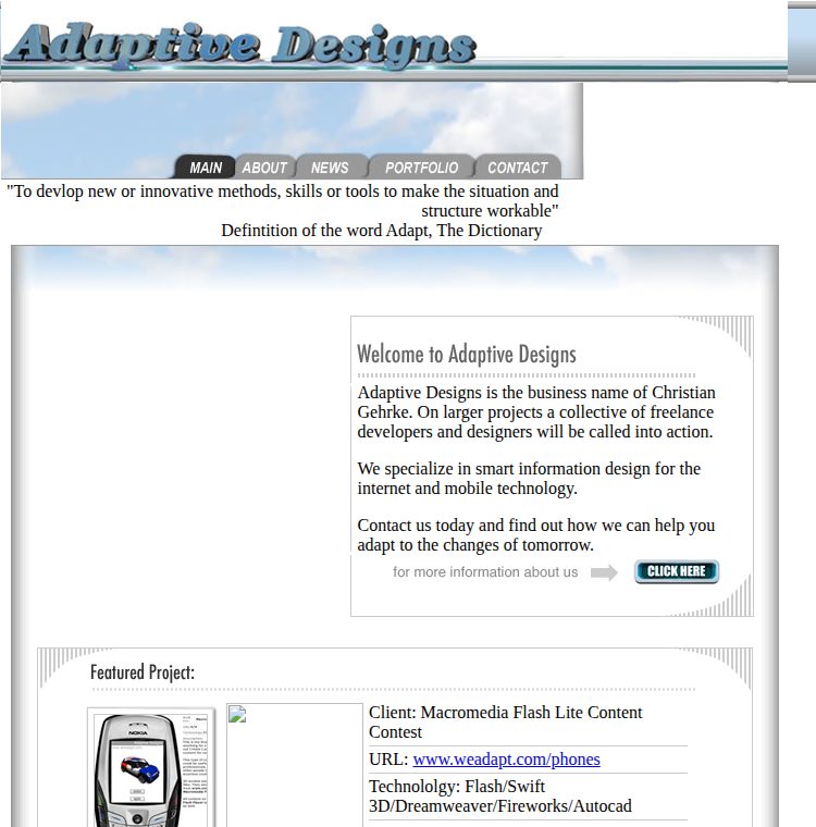Adaptive Designs' home page in 2005: a sky-blue header with Main, About, News, Portfolio and Contact tabs, a welcome box, and a featured Flash Lite phone project.